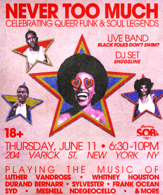 Never Too Much: Celebrating Queer Funk & Soul Legends a pride month soirée. live band + dj