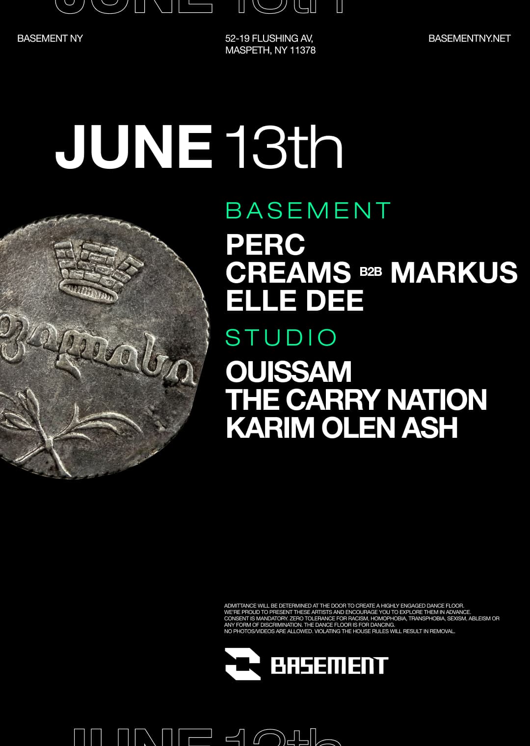 Perc / Creams b2b Markus / Elle Dee / Ouissam / The Carry Nation / Karim Olen Ash
